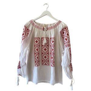Savana White Red Embroidered Ethnic Festival Long Sleeves Top SZ M #2490